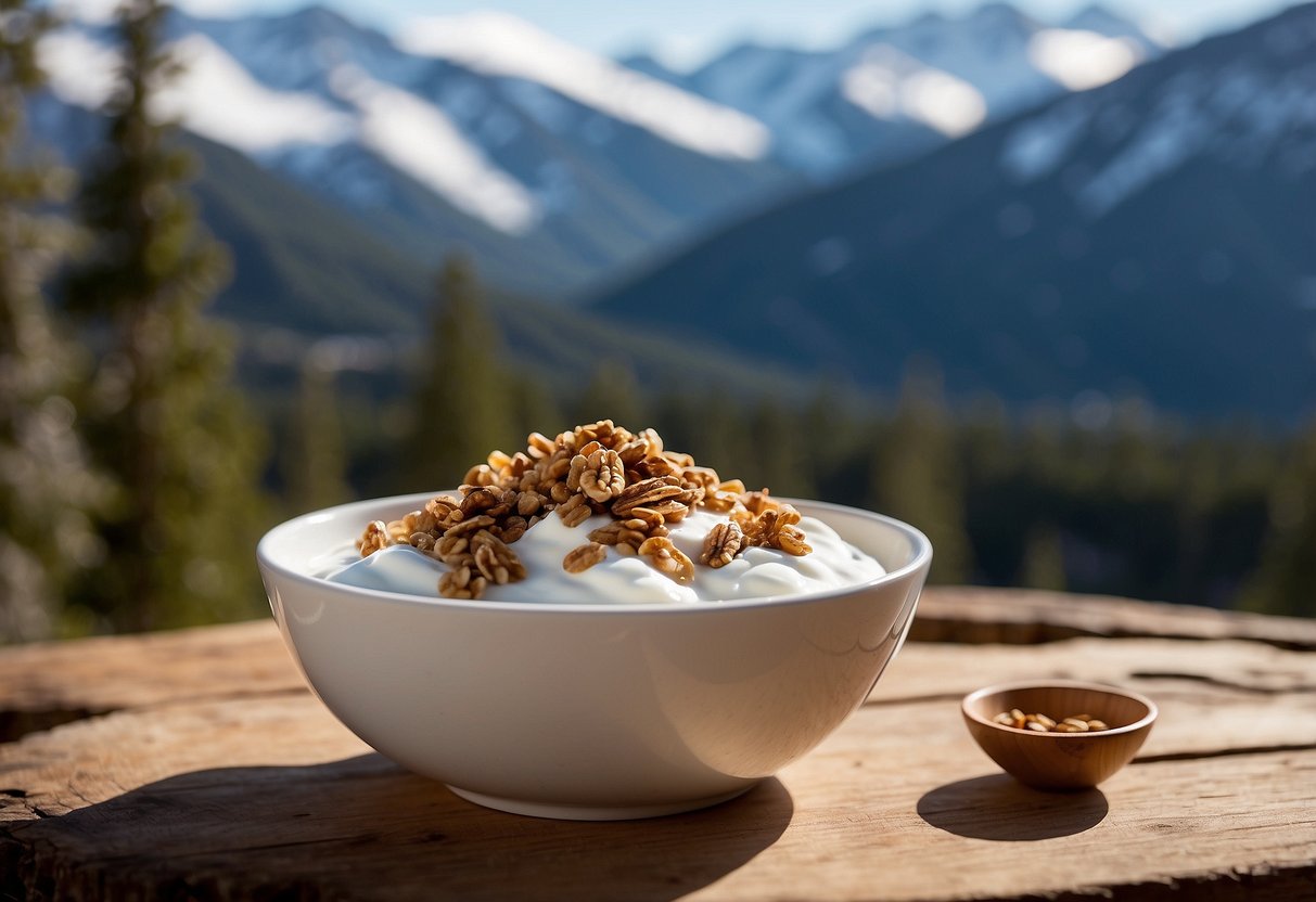 A bowl of Greek yogurt topped with granola sits on a rustic wooden table, surrounded by snowshoes and outdoor gear. The scene is set against a snowy mountain backdrop, with a sense of adventure and nourishment