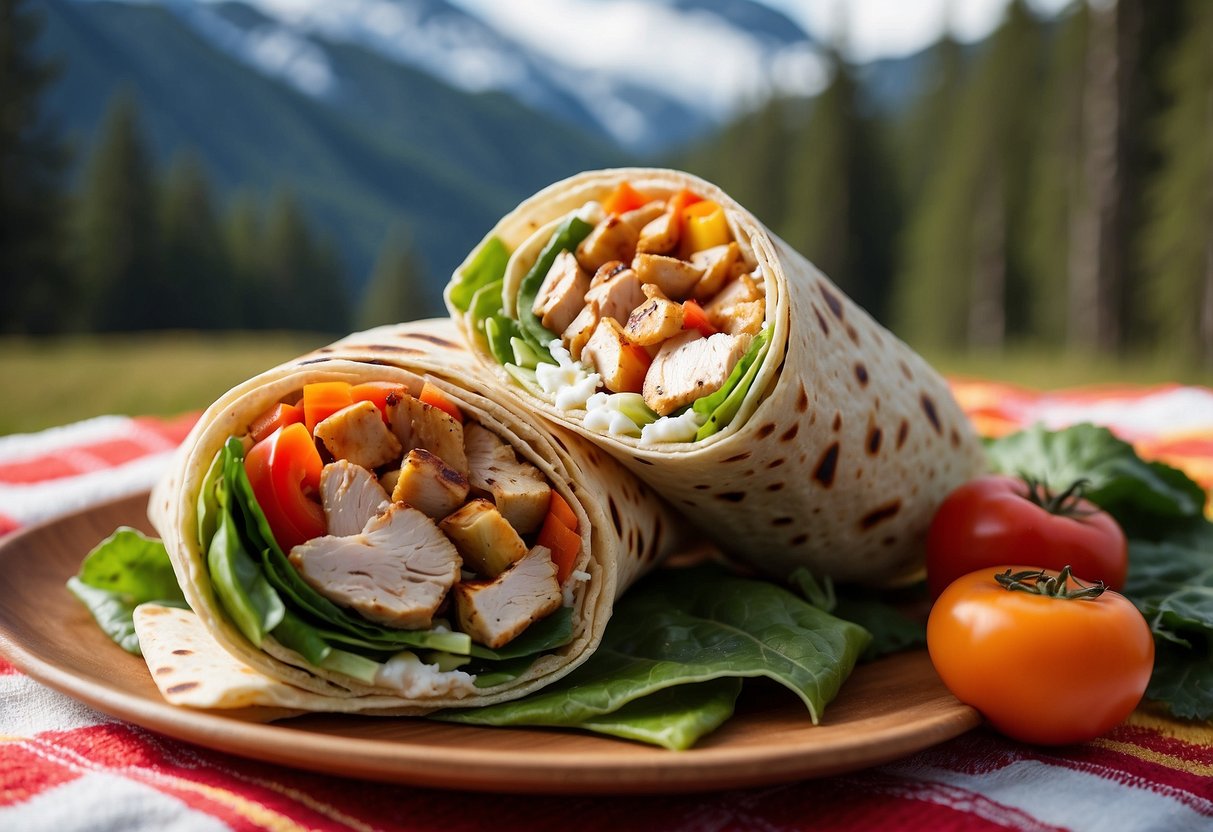 A grilled chicken wrap with fresh vegetables and a light dressing, laid out on a colorful picnic blanket surrounded by snowy mountains and pine trees