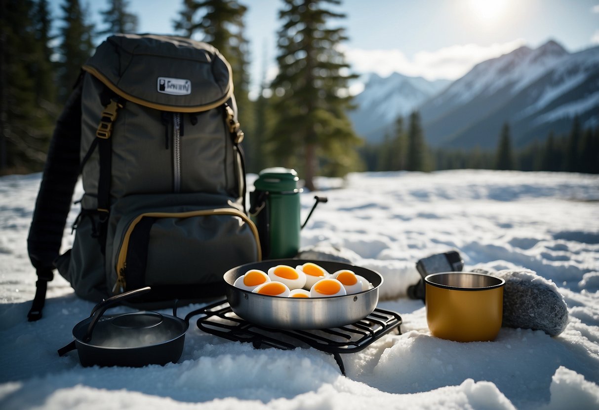 A pot of hard-boiled eggs sits on a camp stove next to a backpack and snowshoes. Snow-covered trees and mountains loom in the background