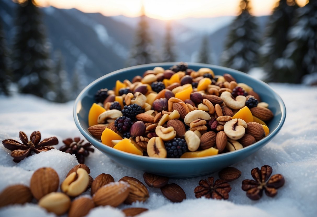 A colorful array of mixed nuts and dried fruits arranged in a lightweight and portable meal set against a snowy backdrop for a snowshoeing trip