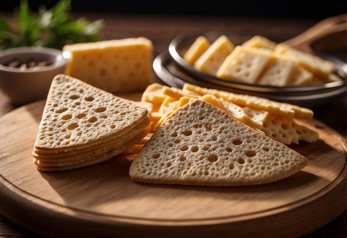 Whole grain crackers are spread out on a wooden cutting board, with slices of cheese arranged neatly next to them. A pair of snowshoes is propped up against the table, hinting at an upcoming adventure