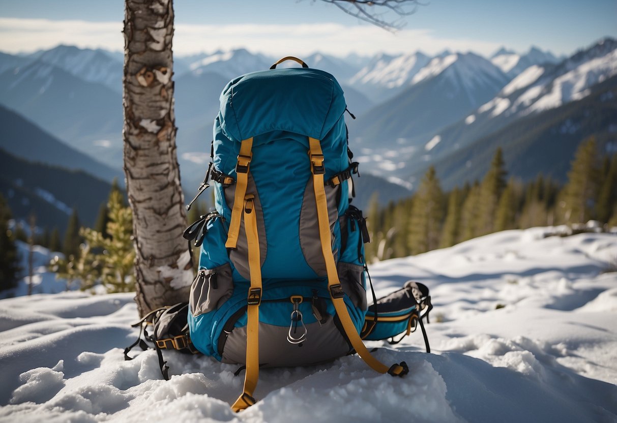 A snowy trail with a backpack filled with lightweight, nutritious meals. Snowshoes and trekking poles leaning against a tree. Snow-covered mountains in the background