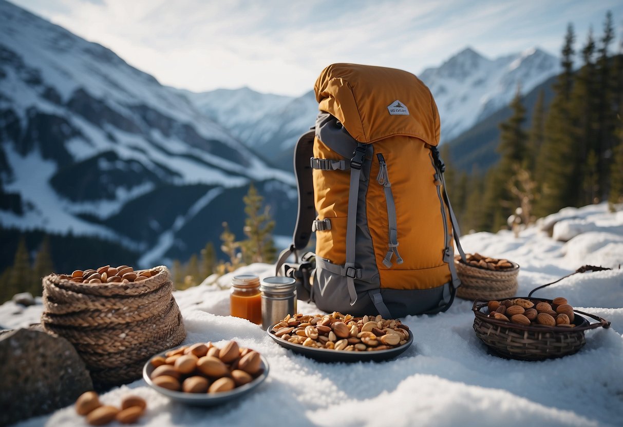 A snowy landscape with a backpack filled with lightweight, nutritious ingredients such as nuts, dried fruits, and energy bars. Snowshoes are propped up nearby, ready for an adventure