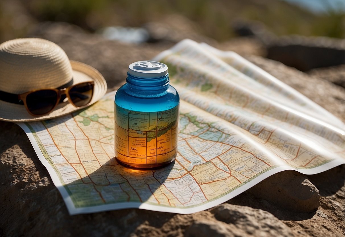 A trail map lies open on a rock, surrounded by a water bottle, hat, and sunglasses. A hand squeezes sunscreen onto the map