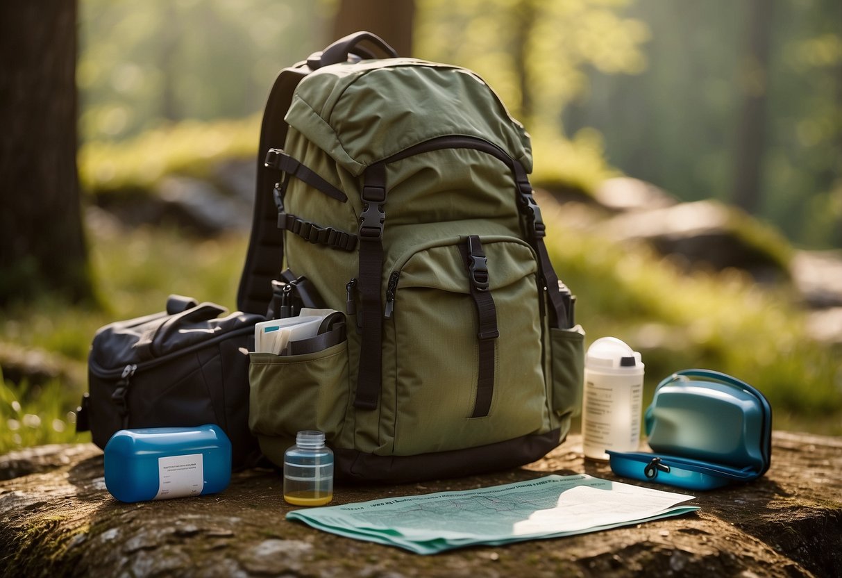 A backpack with a visible first-aid kit attached, surrounded by hiking gear and a trail map. Sunshine and trees in the background, indicating an outdoor setting