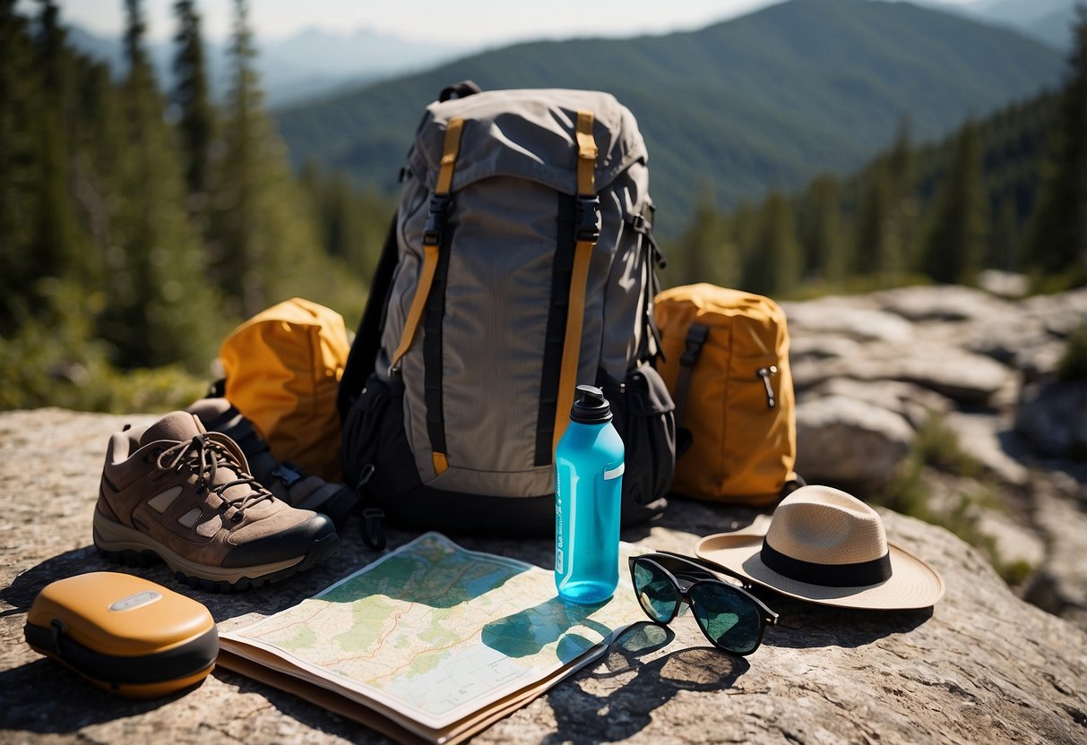 A backpack with water bottle, hiking boots, hat, sunglasses, sunscreen, and a map laid out on a rocky trail