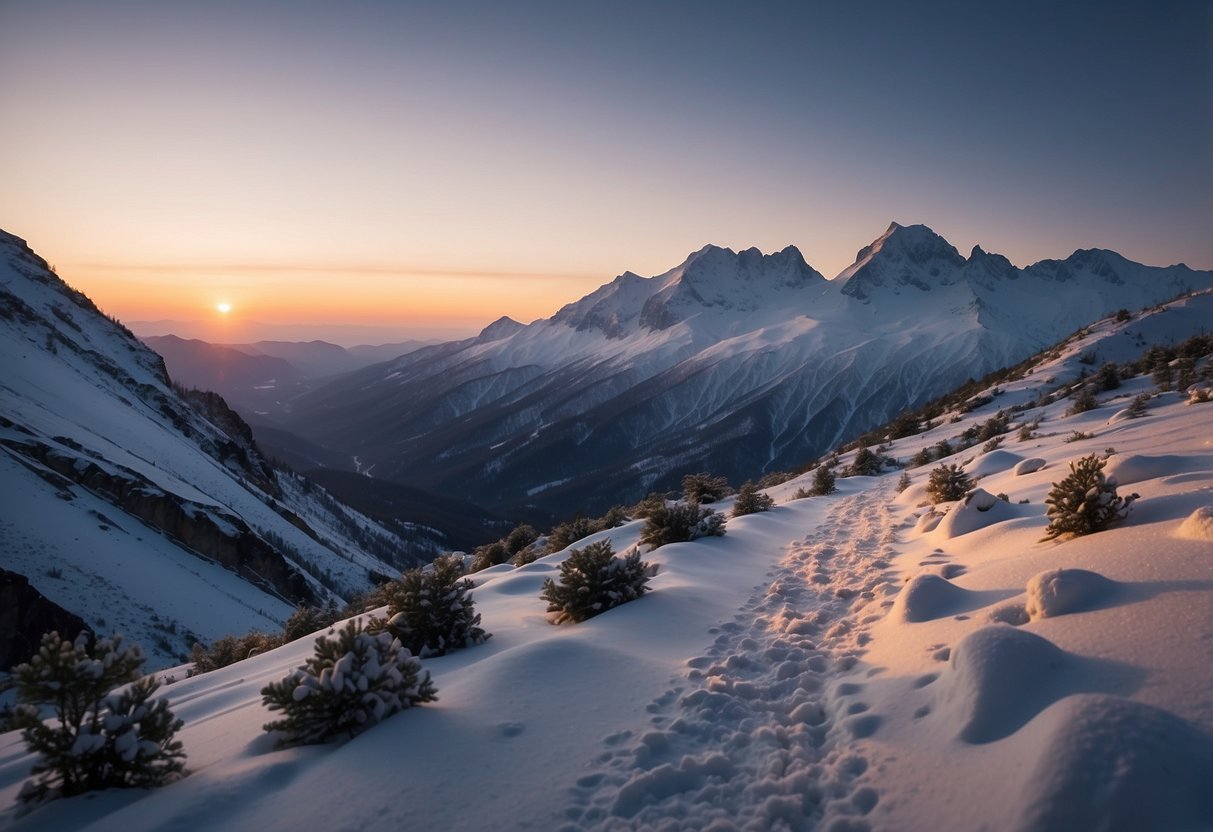 A snowy mountain trail at dusk with five different lightweight headlamps arranged on a flat surface, casting a soft glow on the snow