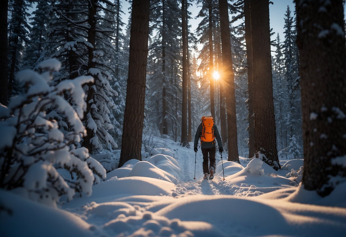 A snowshoer wearing a Petzl Actik Core headlamp treks through a snowy forest at dusk, casting a bright beam of light on the trail ahead