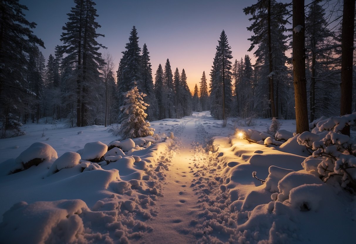 A snowy trail at dusk, illuminated by the BioLite HeadLamp 330. The lightweight headlamp casts a bright, focused beam, creating a warm glow against the snowy landscape