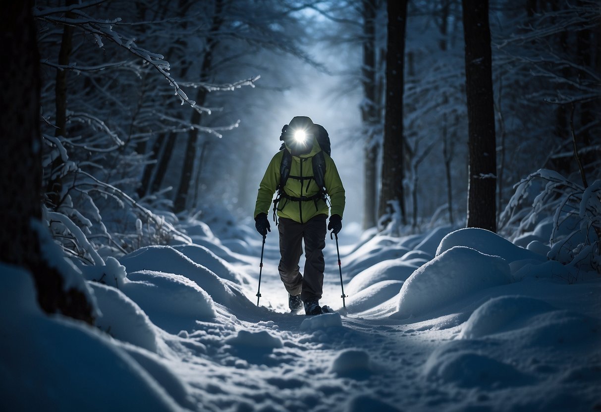 A snowshoer wearing a Princeton Tec Snap 5 headlamp treks through a snowy forest at night, the powerful beam cutting through the darkness