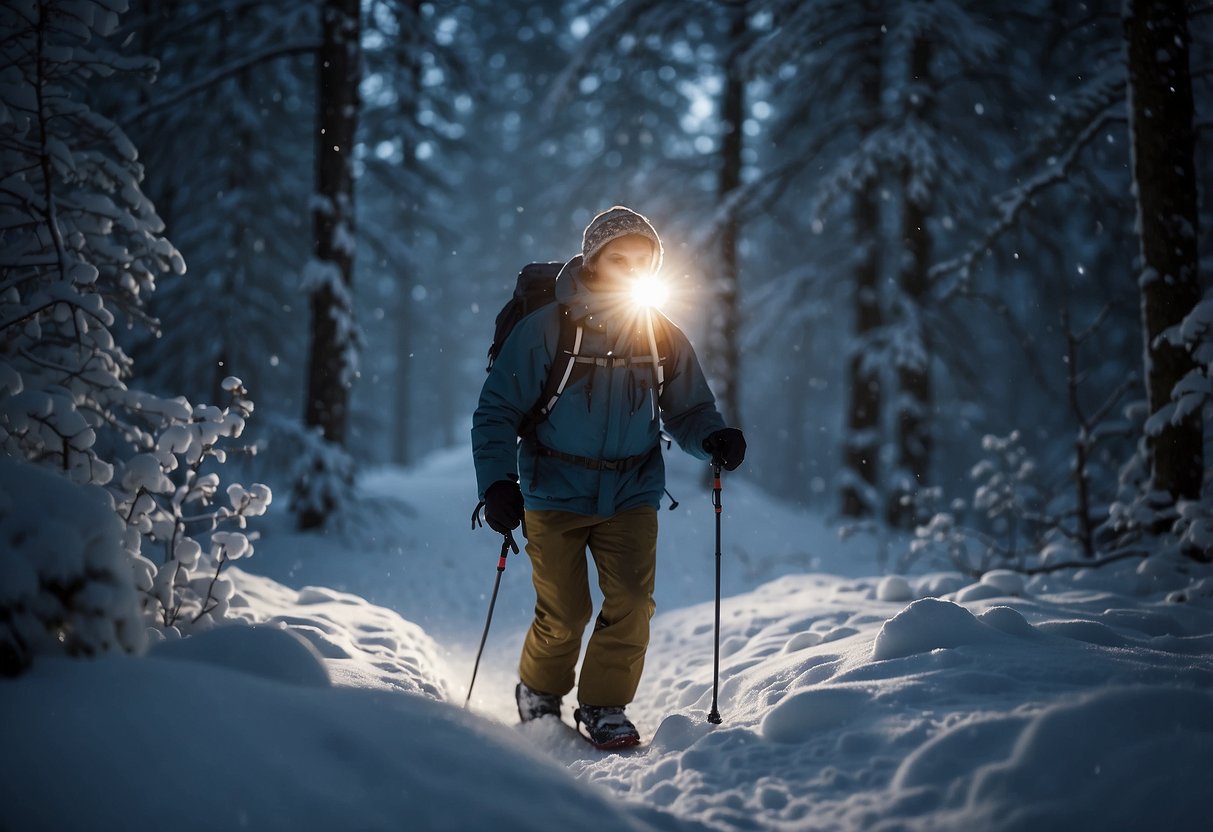 A snowshoer wearing a lightweight headlamp treks through a snowy forest at night, illuminating the path ahead. Snowflakes glisten in the beam of light, creating a serene and magical atmosphere