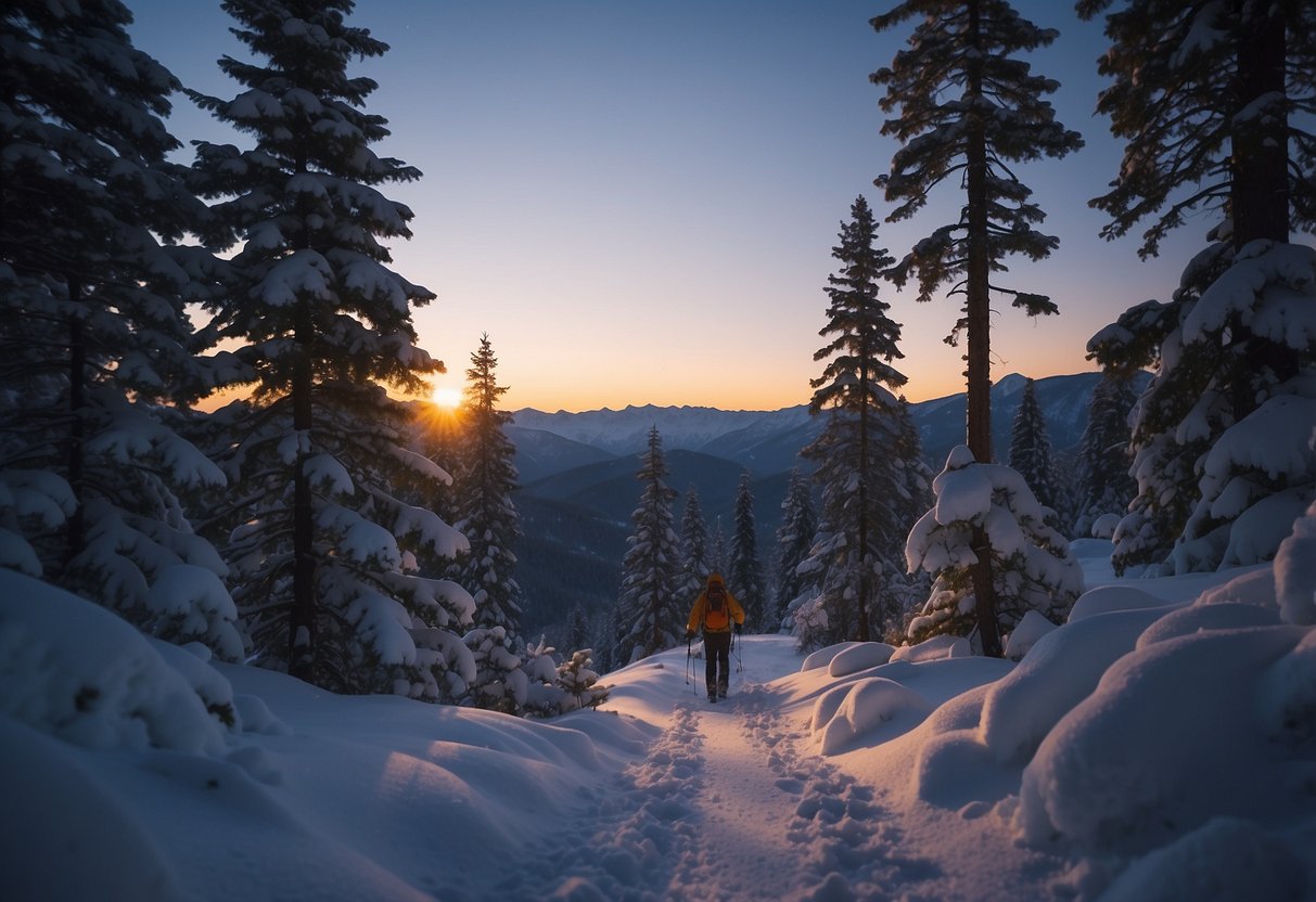 A snowy mountain trail at dusk. A snowshoer wearing a lightweight headlamp illuminates the path ahead. Snow-covered trees and a clear night sky provide a serene backdrop