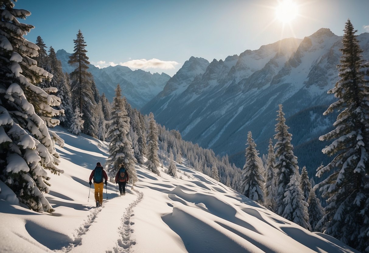 Snow-capped mountains, vast plains, and dense forests create the perfect backdrop for snowshoeing in Africa. A lone trail winds through the breathtaking landscape, with snow-covered trees and wildlife peeking out from the white blanket