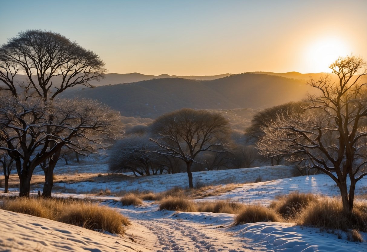 A snowy landscape in Hluhluwe-iMfolozi Park, South Africa, with trees, hills, and animal tracks for snowshoeing