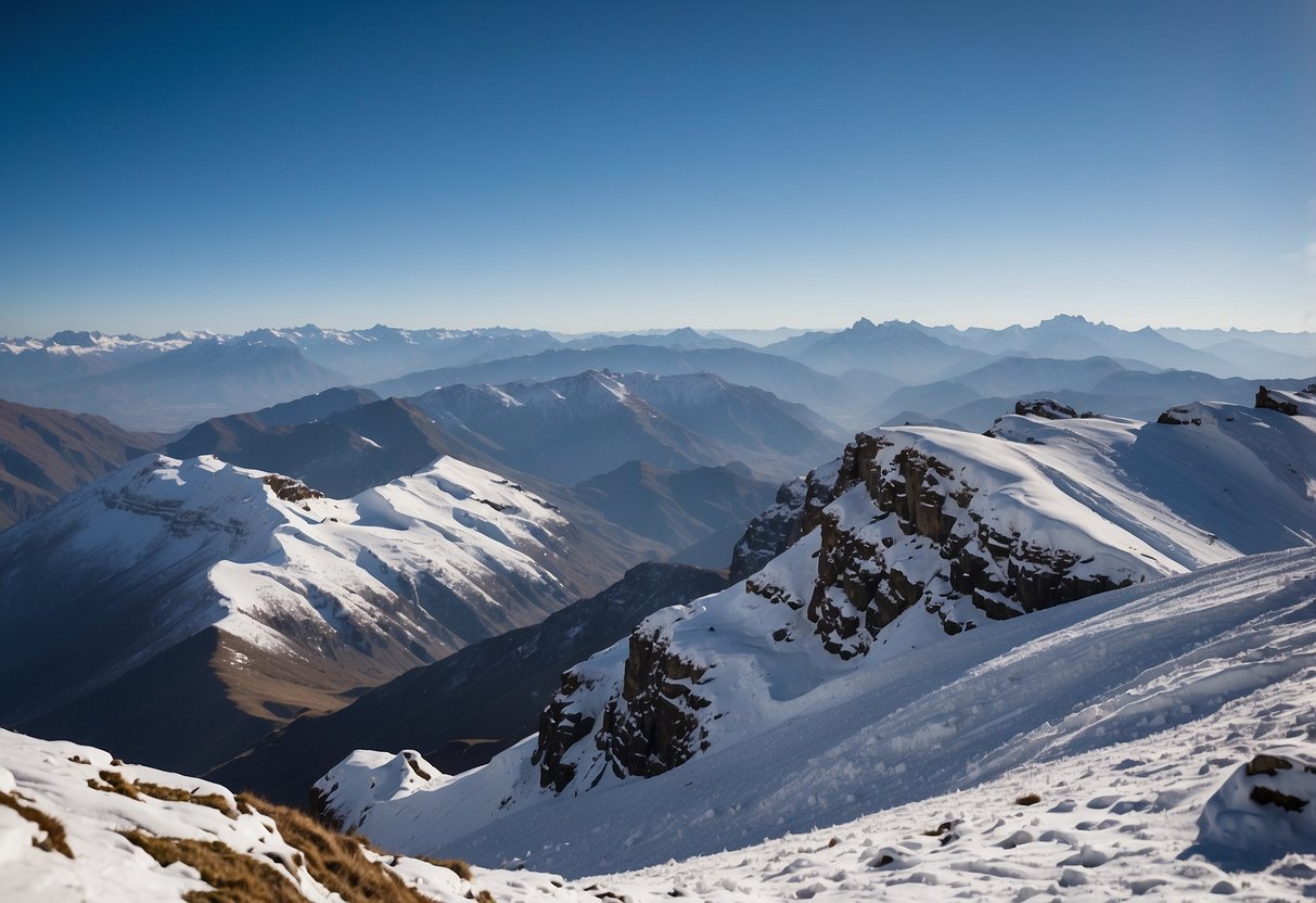 Snow-covered peaks of Simien Mountains rise against a clear blue sky, with winding trails cutting through the white landscape