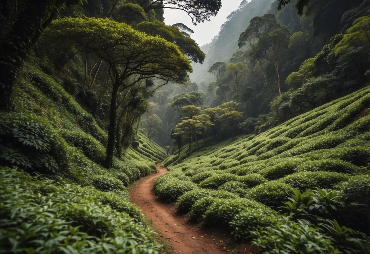 Lush green forest with towering trees, a winding trail covered in snow, and a serene atmosphere in Nyungwe Forest National Park, Rwanda