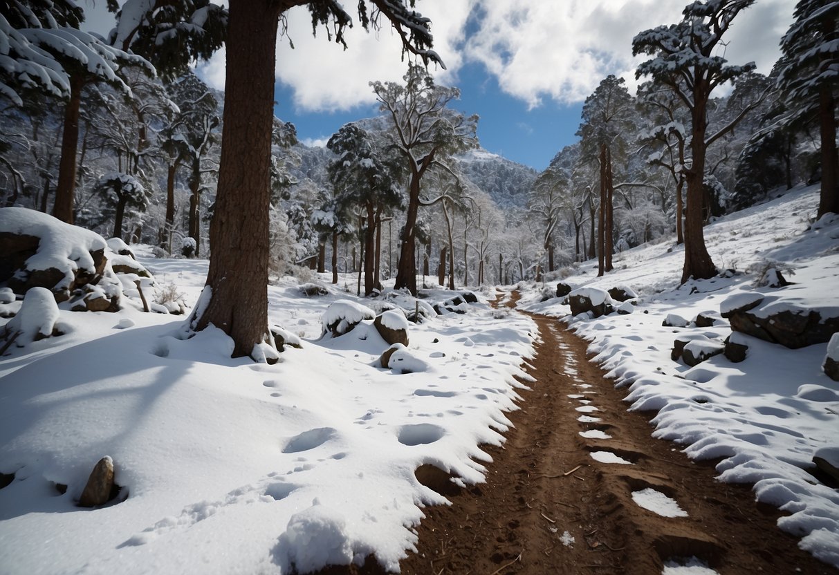 A snowy landscape in Mount Elgon National Park, Kenya, with snowshoe tracks leading through the pristine wilderness