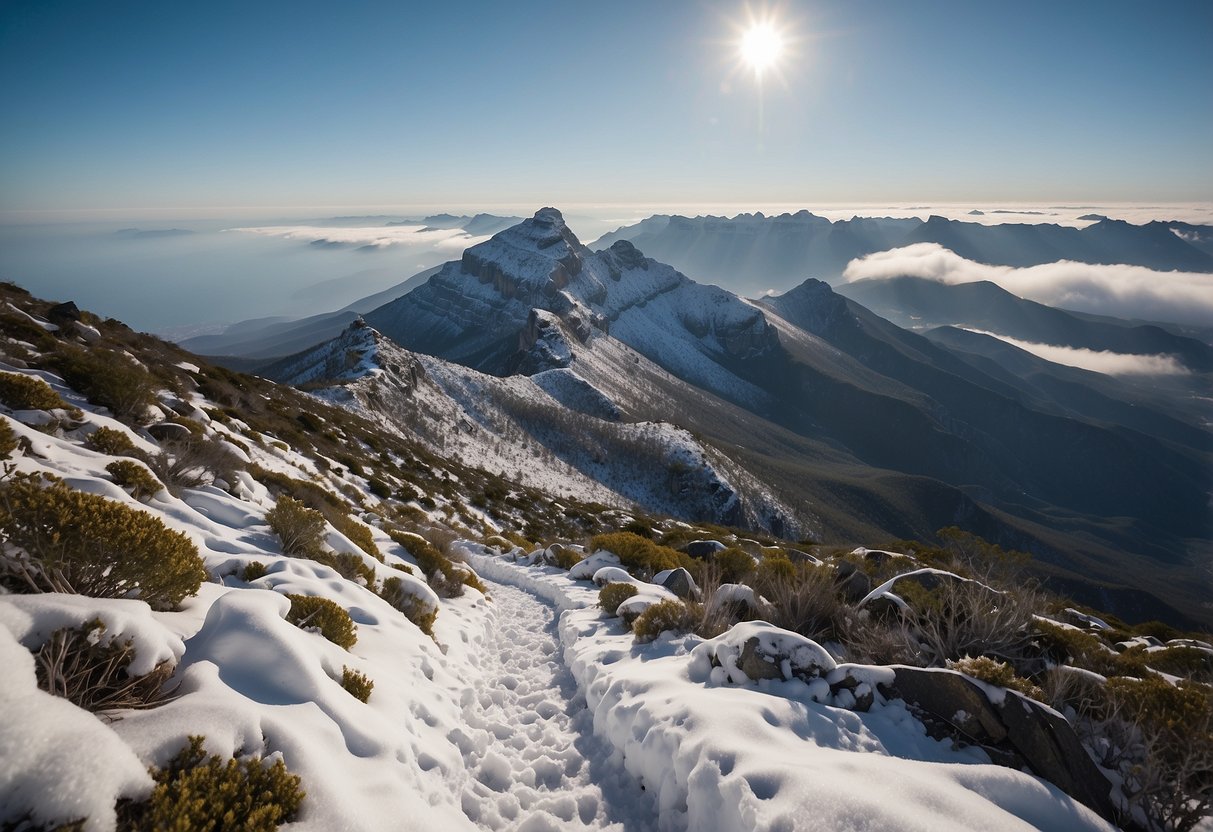 Snow-covered peaks of Table Mountain National Park, South Africa, with snowshoe tracks leading through the pristine wilderness