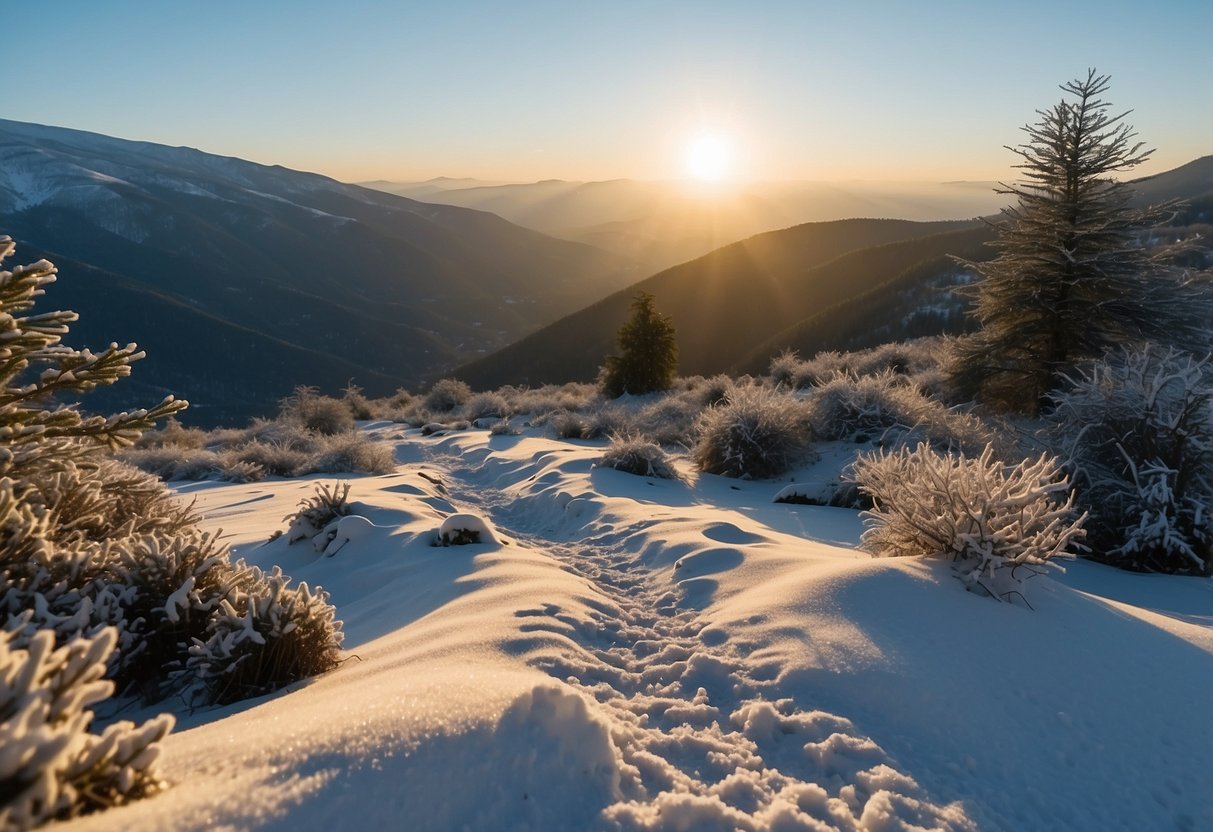 Snow-covered landscape of Aberdare National Park, Kenya. Trees and mountains in the background. Snowshoe tracks on the ground