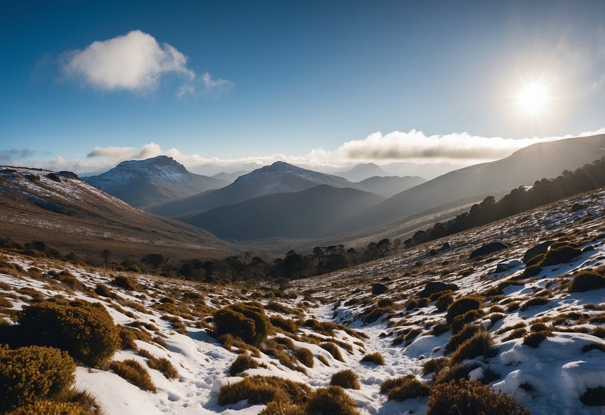 A snow-covered landscape in Bale Mountains National Park, Ethiopia, with a clear trail for snowshoeing and a backdrop of rugged peaks and dense forests