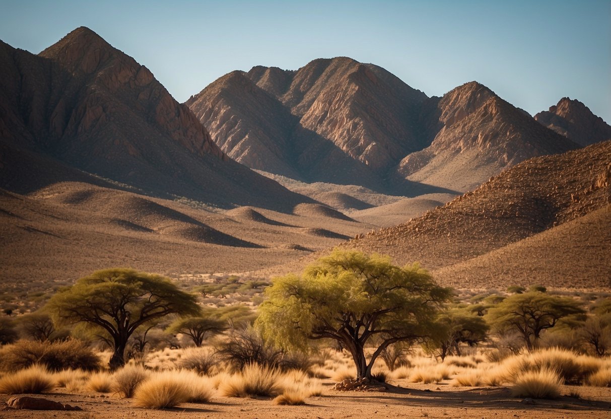 The Erongo Mountains rise sharply from the Namibian landscape, their rugged peaks casting dramatic shadows against the golden hues of the surrounding desert