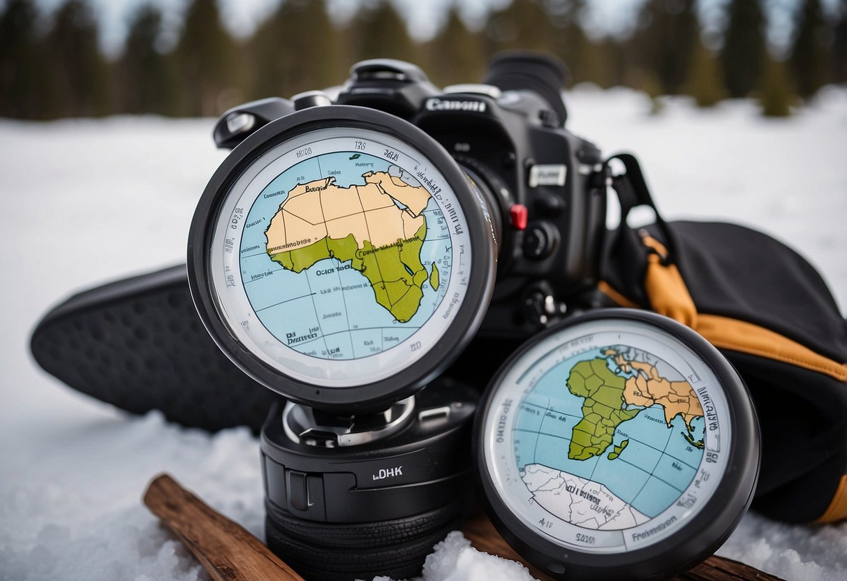 Snowshoeing gear laid out on snow-covered ground with a map of Africa and a list of top snowshoeing spots