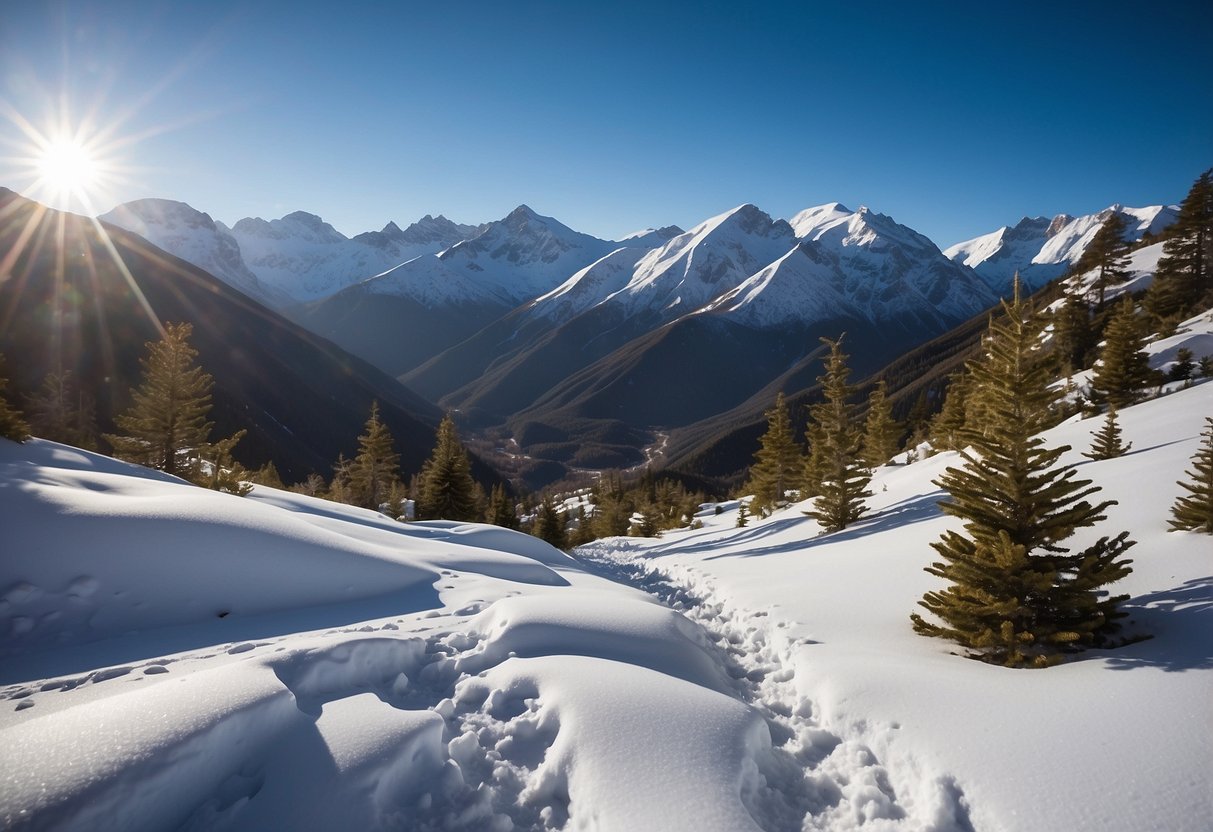 Snow-capped mountains in Africa, with snowshoe tracks leading through the pristine white landscape. A clear blue sky and a sense of tranquility in the remote, untouched wilderness