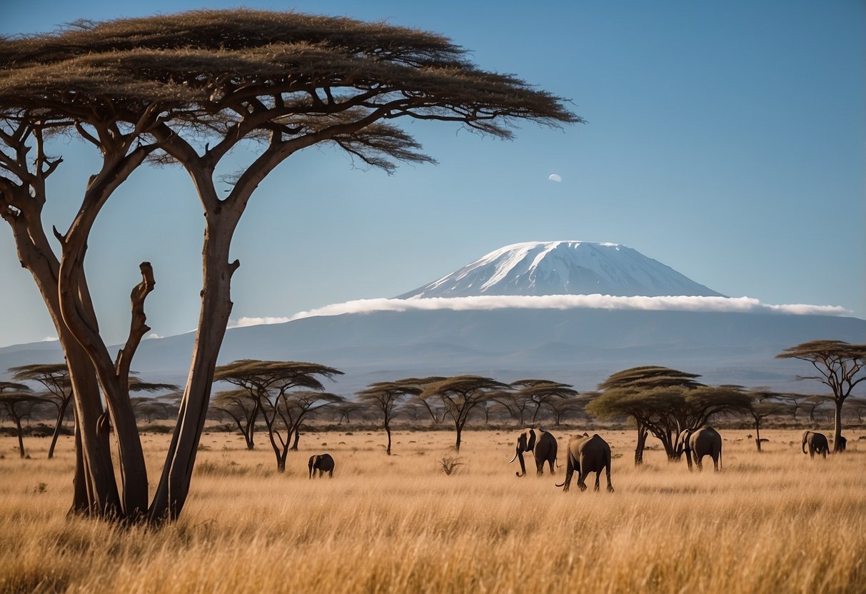 Snow-covered savanna with acacia trees, giraffes, and elephants. Mount Kilimanjaro looms in the distance, surrounded by snowy peaks