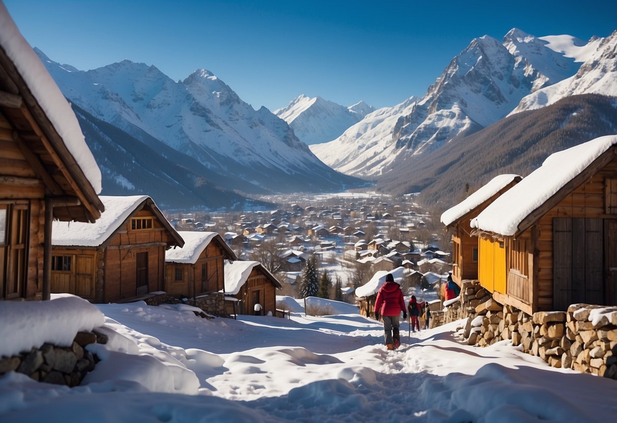 Snow-capped mountains overlook a serene village, with colorful traditional huts nestled among the snow-covered landscape. A group of locals can be seen snowshoeing through the picturesque terrain, showcasing the unique fusion of African culture and winter traditions