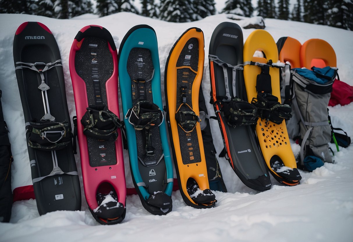 Snowshoes, poles, and gear laid out on a scale. Items like sleeping bags, tents, and clothing are being swapped for lighter alternatives