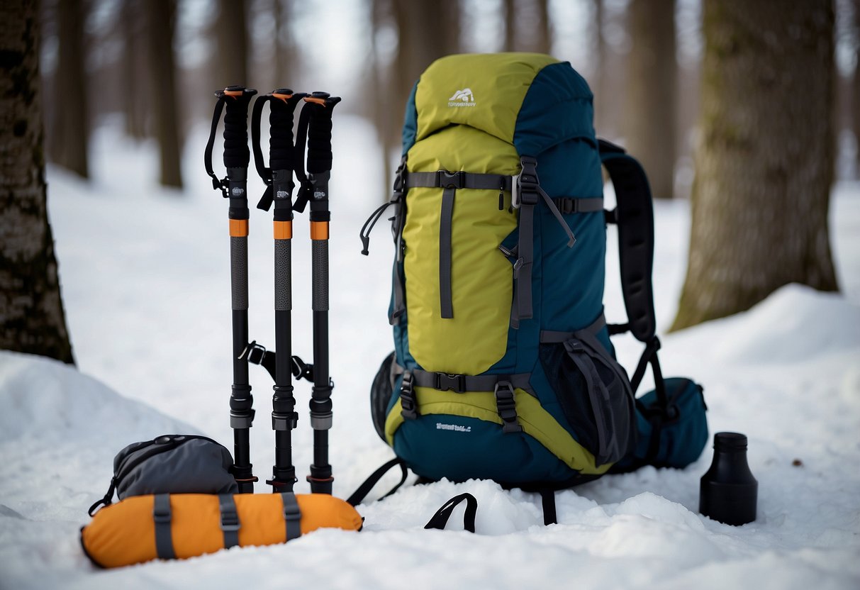 Two collapsible trekking poles lying on the ground with snowshoes and a packed backpack nearby