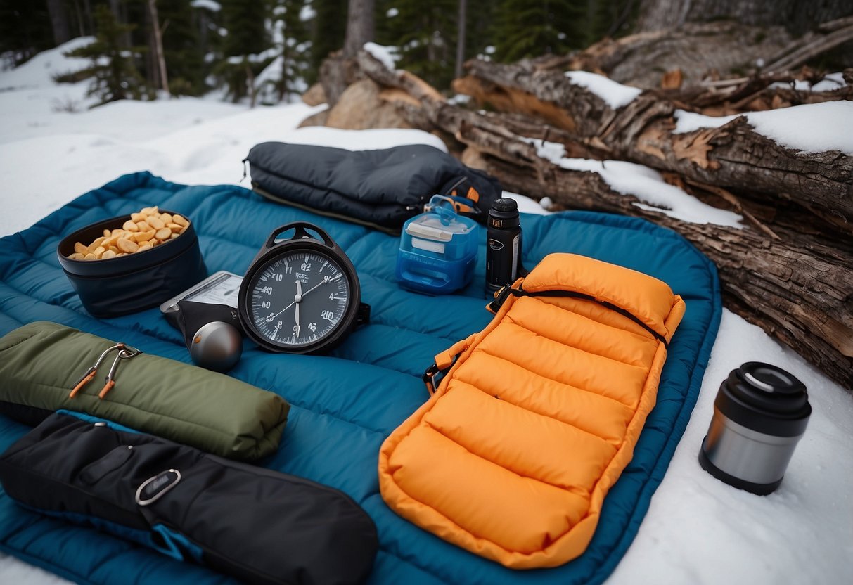 A compact sleeping bag lays beside snowshoes, map, and snacks. The scene suggests preparation for a lightweight snowshoeing trip