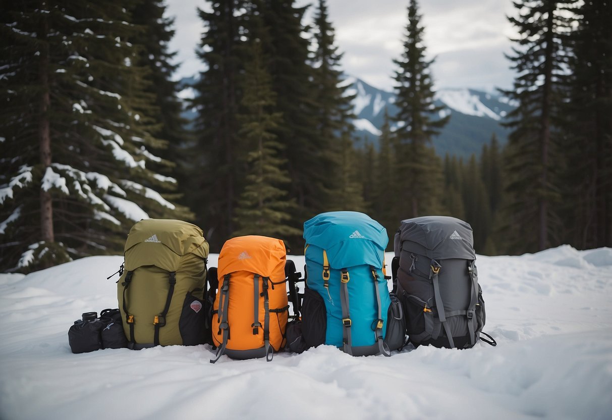 Waterproof stuff sacks arranged with snowshoes and lightweight gear for a snowshoeing trip