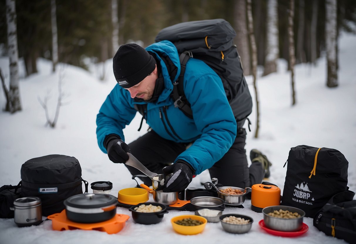 A snowshoer carefully selects lightweight gear, including a compact stove and freeze-dried meals, to reduce pack weight for a winter trek