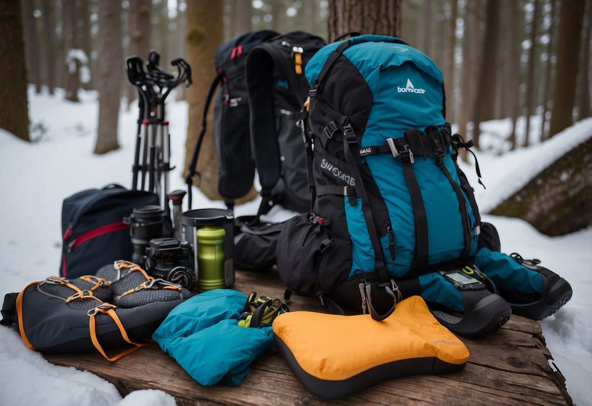 Snowshoes, backpack, and gear laid out. Items sorted and packed efficiently. Scale showing reduced weight. Snowshoeing map and guidebook nearby