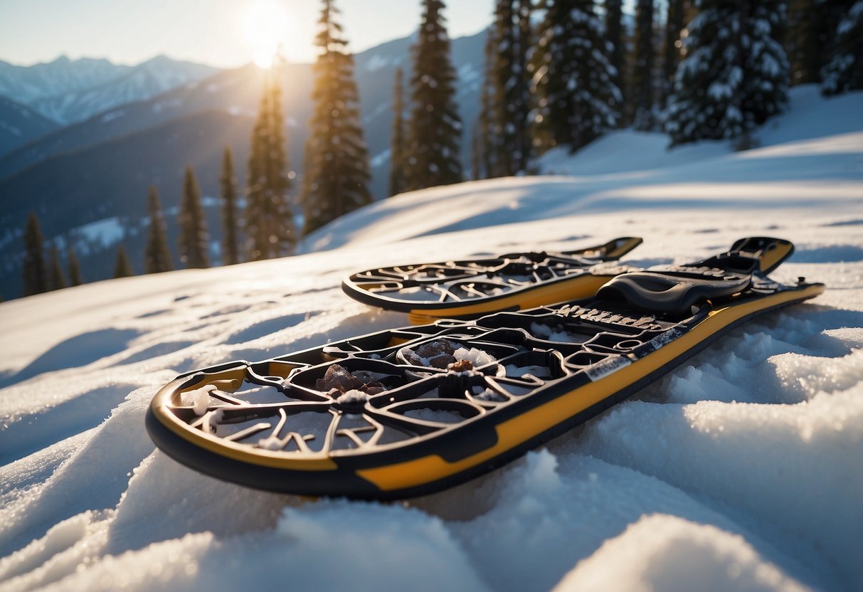 Snowshoes laid out in the snow, surrounded by a backdrop of snowy trees and mountains. A cooler sits open, with snacks and drinks spilling out onto the snow