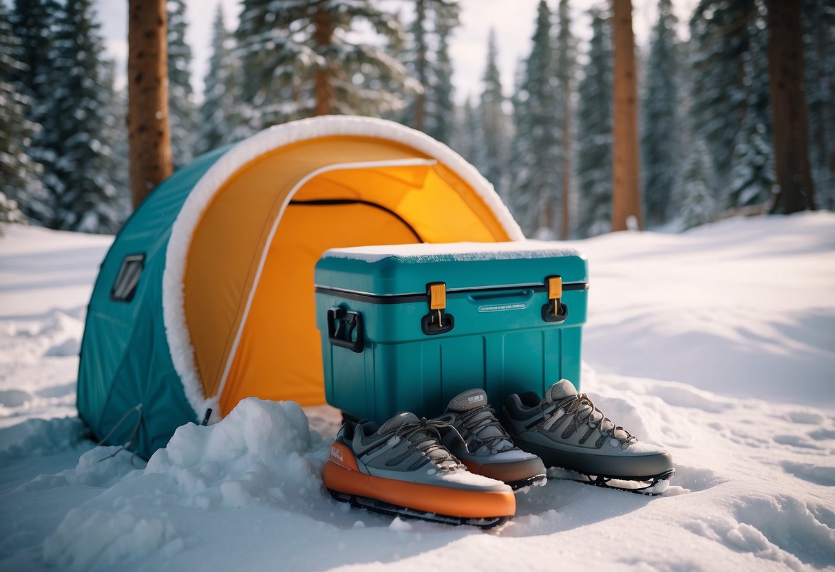 A snowy landscape with a brightly colored Igloo MaxCold Evergreen 5 cooler sitting on top of a pile of snowshoes, surrounded by a backdrop of snow-covered trees