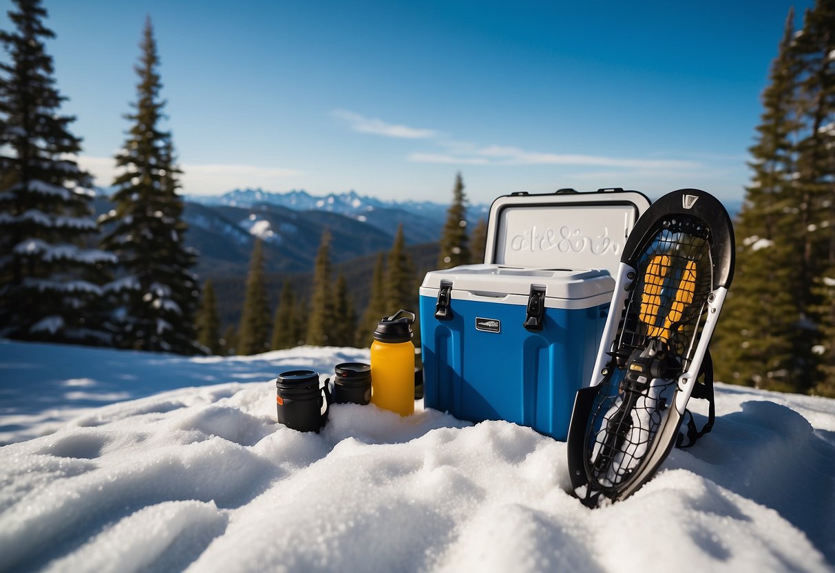 A snow-covered landscape with a clear blue sky, featuring a RTIC Ultra-Light 52 Quart cooler surrounded by snowshoes and other winter gear