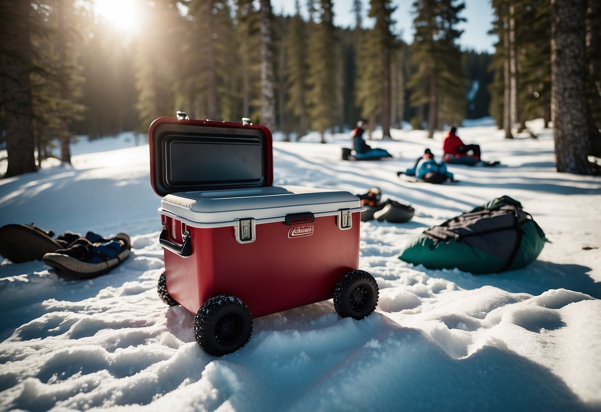 A snowy landscape with a Coleman Steel-Belted Cooler 54QT nestled among snowshoes, surrounded by a group of people enjoying outdoor activities