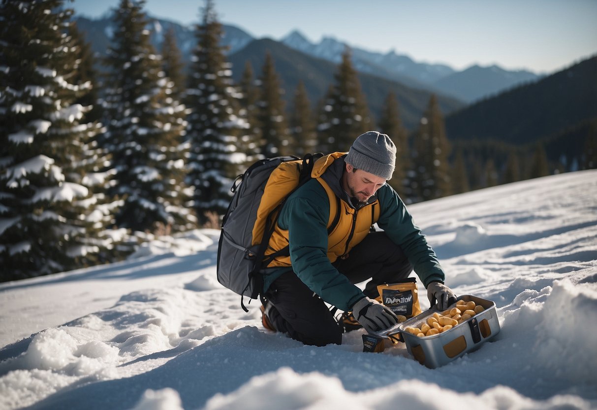 A snowshoer kneeling in the snow, opening a cooler filled with snacks and drinks. Snow-covered trees and mountains in the background