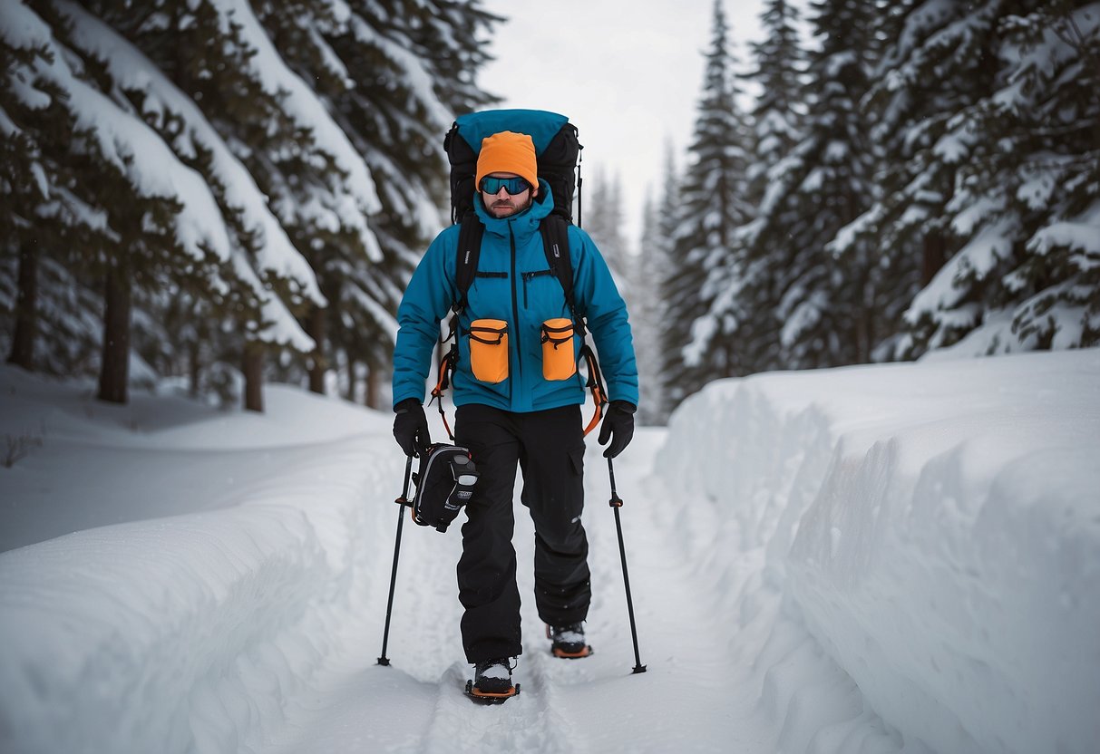 A snowshoer carrying a cooler with durable straps, insulated compartments, secure zippers, and a compact design for easy transport