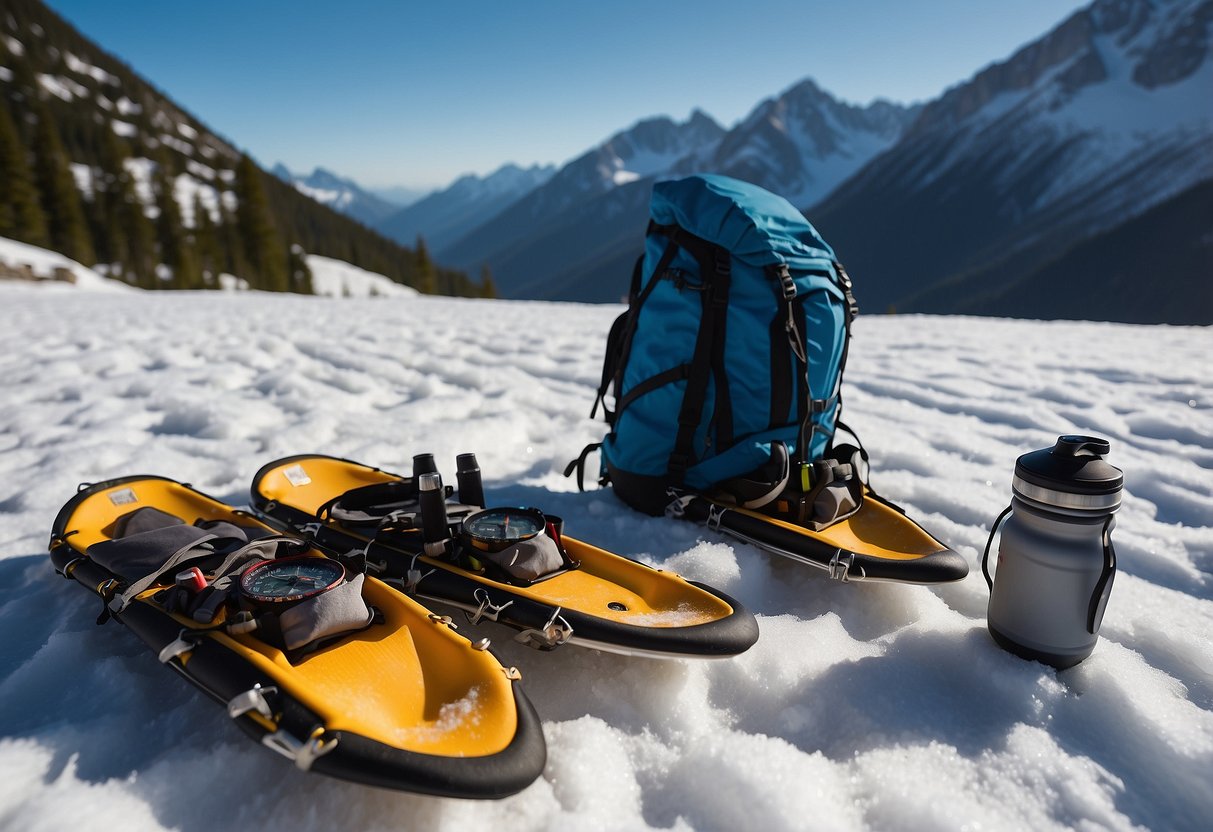 Snowshoes lined up in a row, surrounded by snow-capped mountains. A person's backpack with water bottles and snacks sits nearby. A map and compass lay on the ground next to a pair of trekking poles