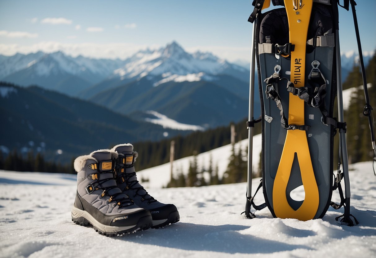 Snowshoes strapped to insulated boots, surrounded by snowy landscape. Training tips written on a signpost. Snow-capped mountains in the background