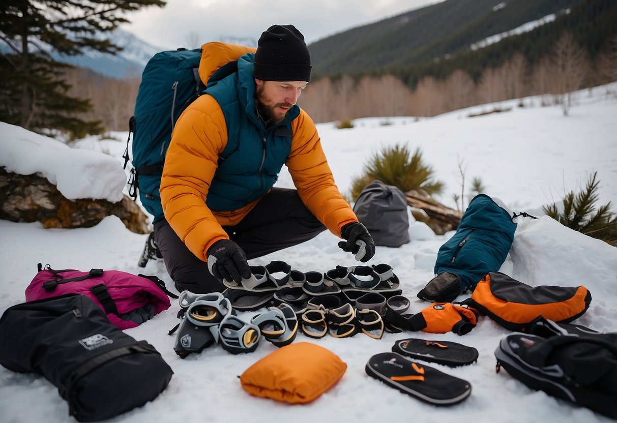 A person unpacks moisture-wicking base layers for a snowshoeing trip, surrounded by outdoor gear and snow-covered terrain