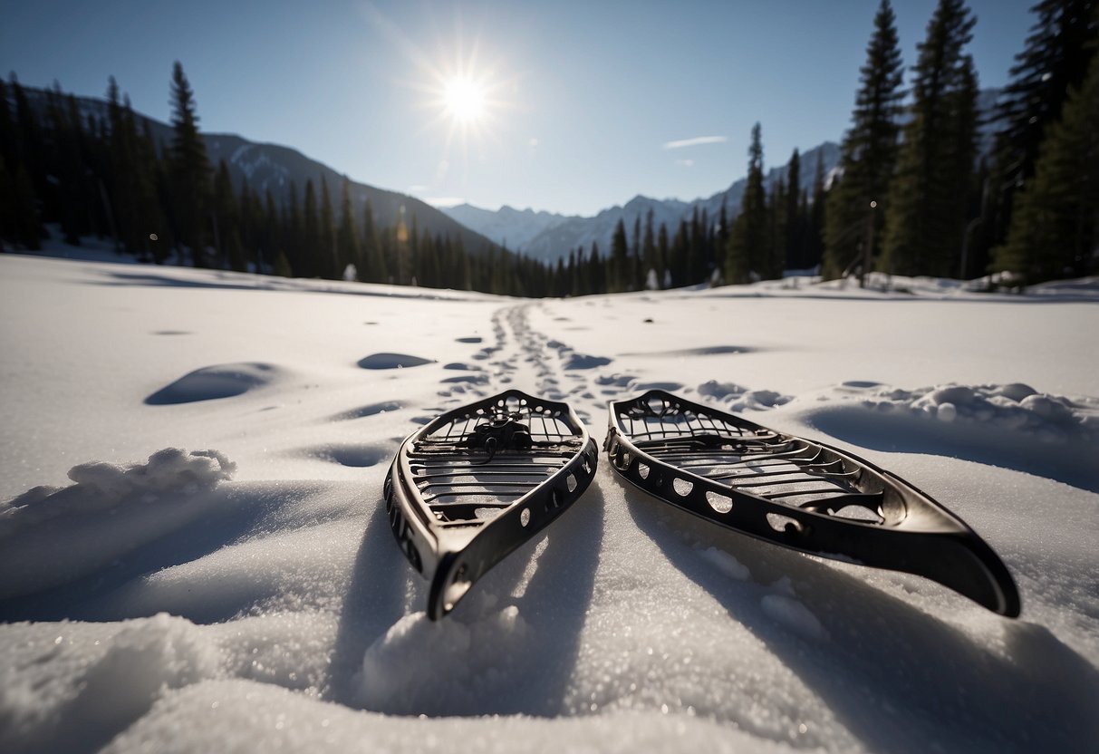 Snowshoes laid out on flat terrain, surrounded by trees and snow-capped mountains. A person's footprints lead away from the gear, indicating recent use