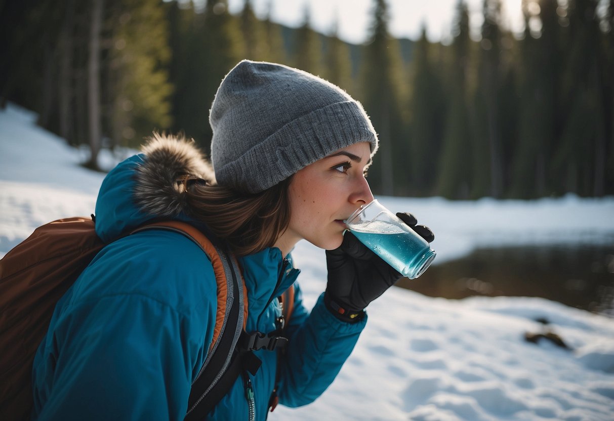 A person drinking water before, during, and after snowshoeing. Snowshoes and a water bottle are nearby. The person looks determined and prepared for the adventure