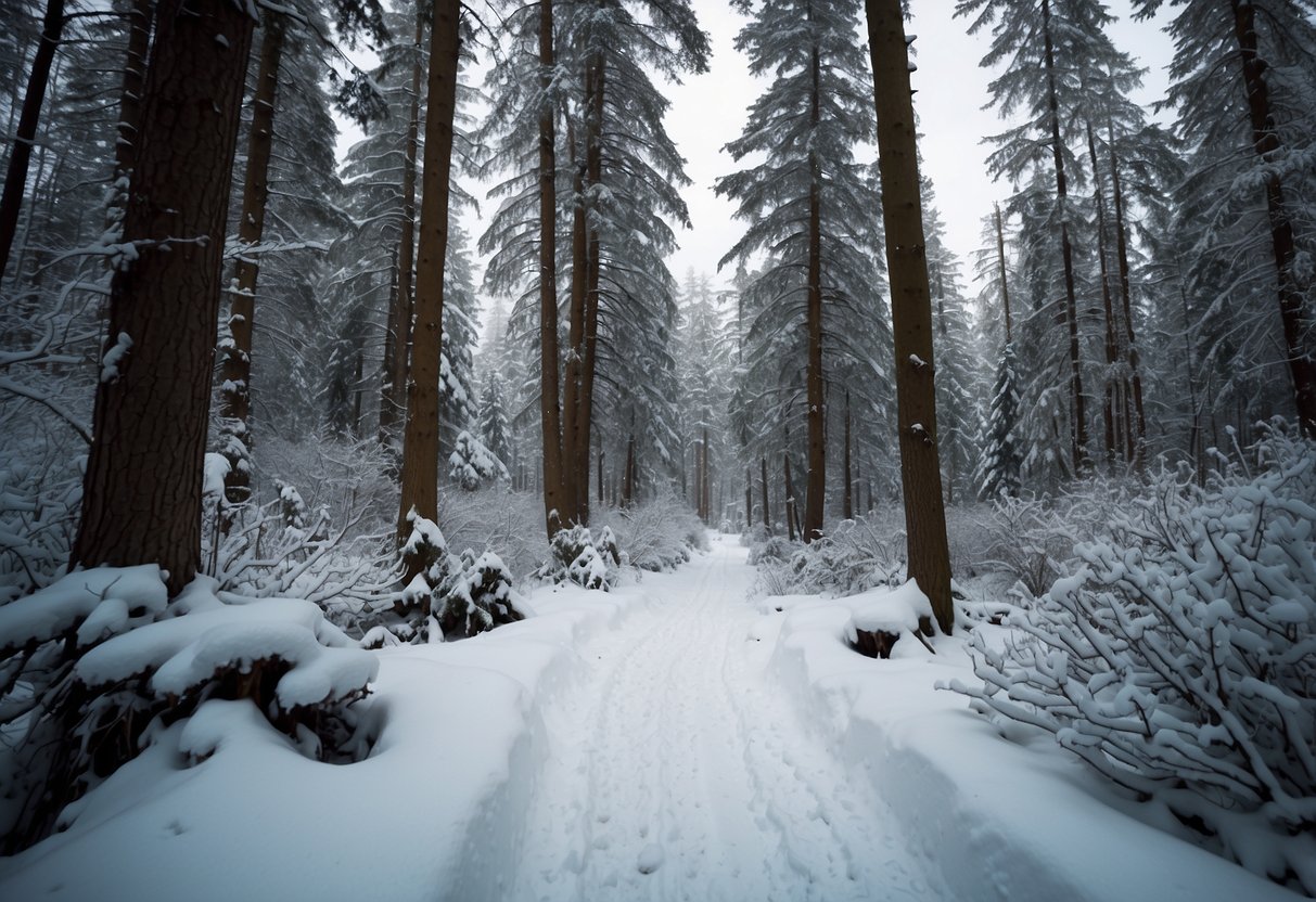 Fresh snow covers a forest trail, with varying depths and textures. Trees are laden with snow, and the sky is overcast. Snowshoes and tracks are visible, showing different conditions