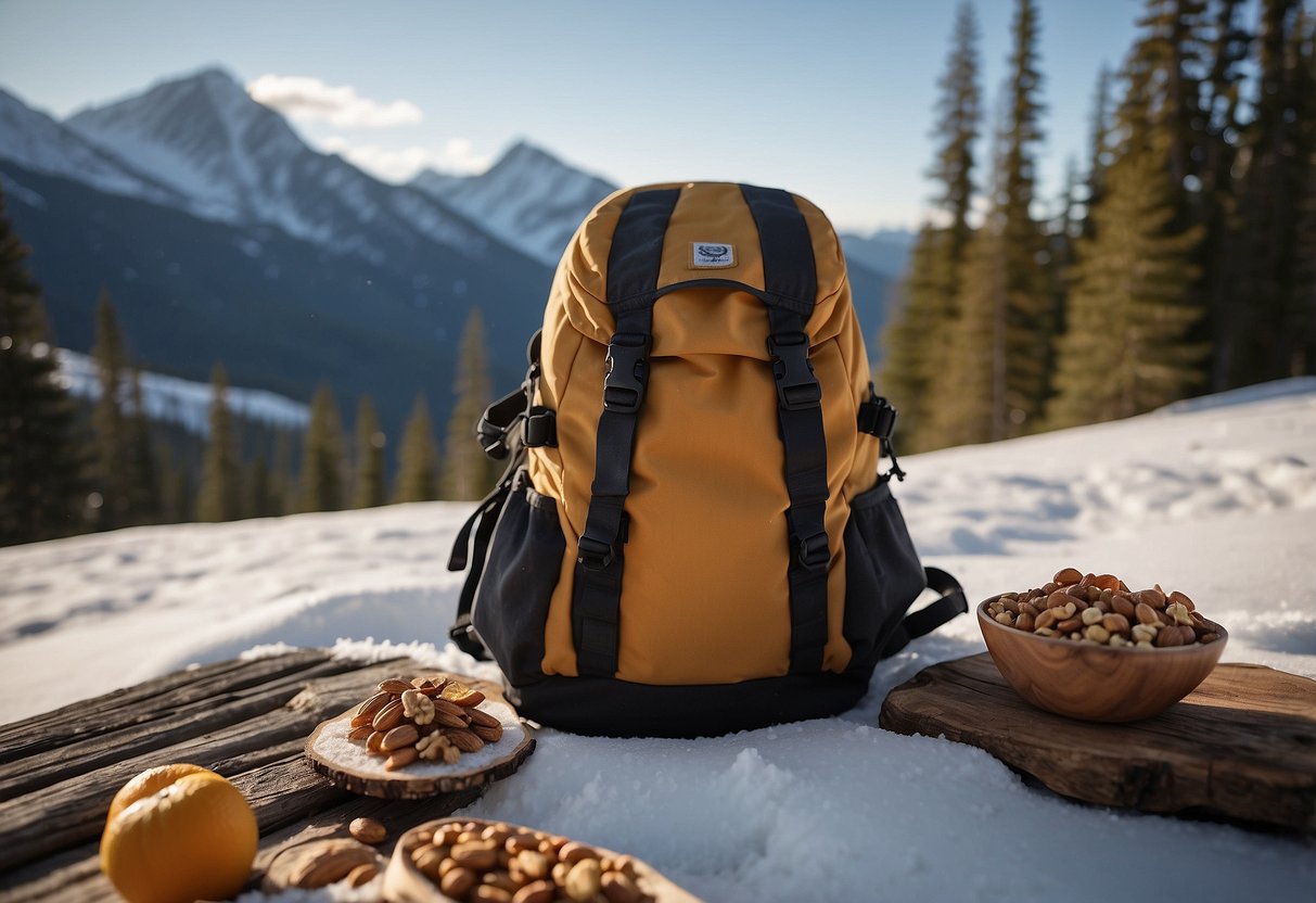 A backpack with granola bars, nuts, and dried fruit. Snowshoes leaning against a cabin. Snow-covered mountains in the background