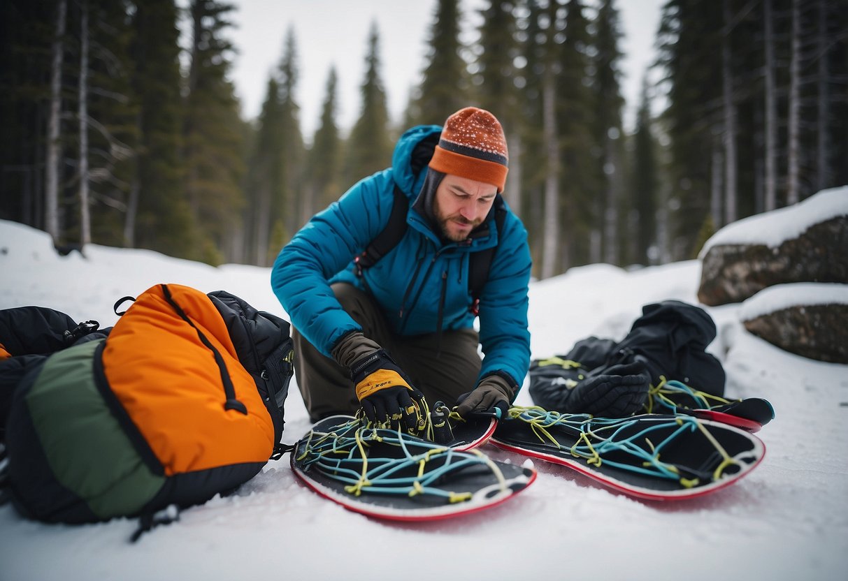 A person lacing up snowshoes, surrounded by winter gear and equipment, stretching and warming up before heading out onto a snowy trail