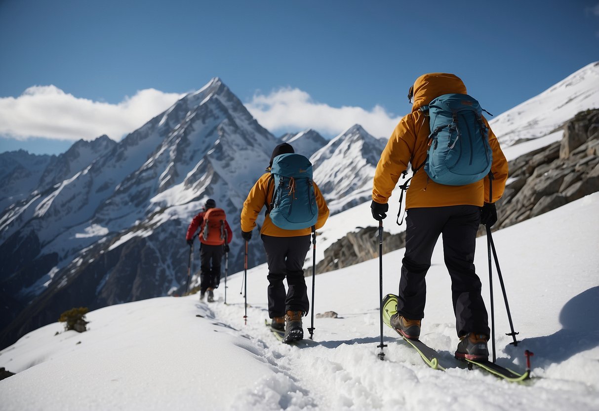 Snowshoers trek through snowy mountain terrain, surrounded by towering peaks. They sip water, chew coca leaves, and rest frequently to combat altitude sickness